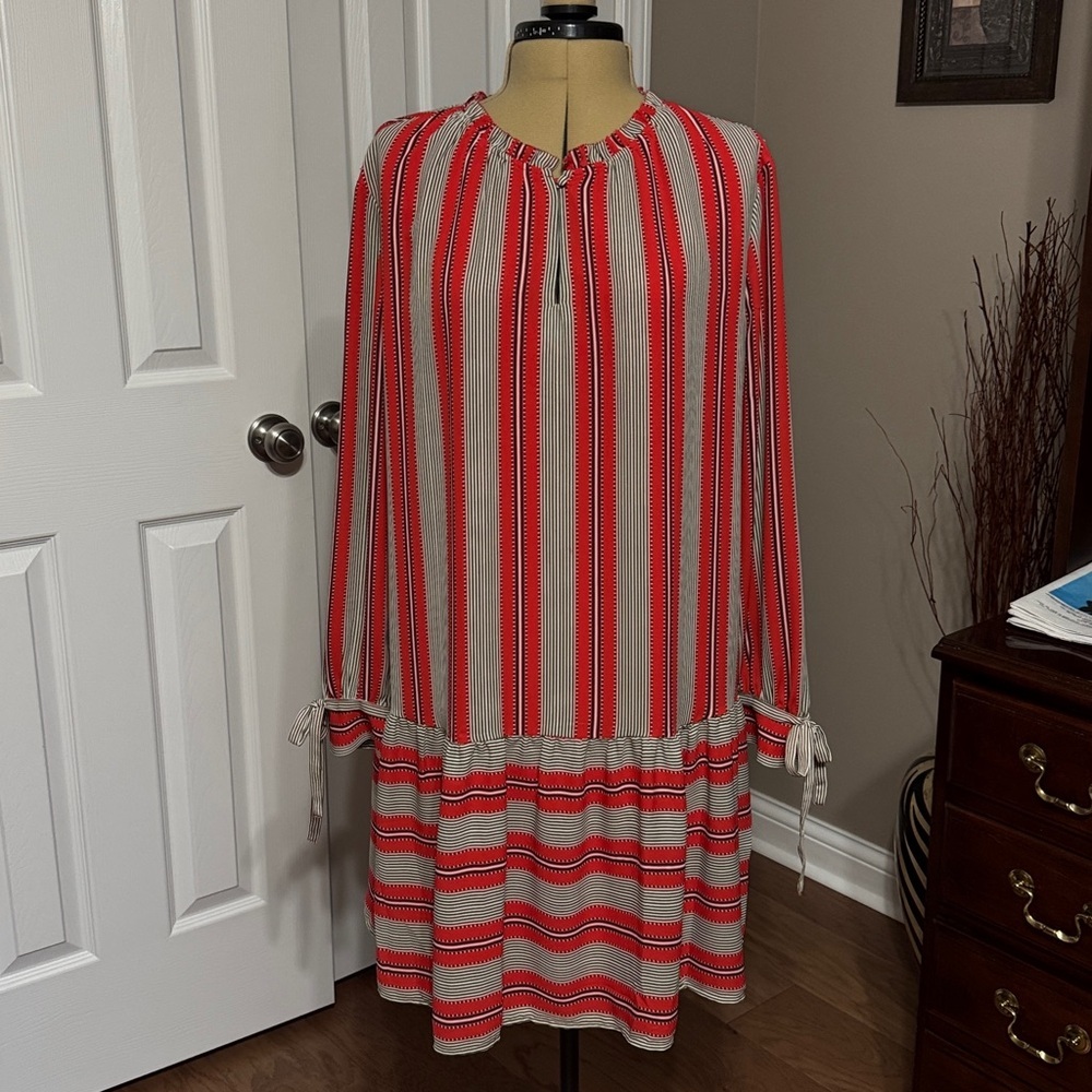 Loft Spiced Stripe Flounce Dress with Bow Tie Sleeves